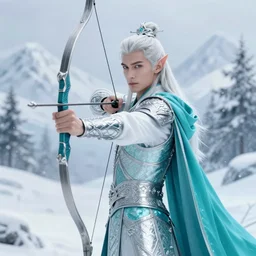 handsome male snow elf archer portrait, turquoise cape and silver ornate armour as an archer, magical tundra background, albino skin, perfect face, very coherent symmetrical artwork, trending on artstation, award - winning