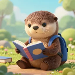 cute Otter Student reading a book, unreal 5, concept art, trending on google