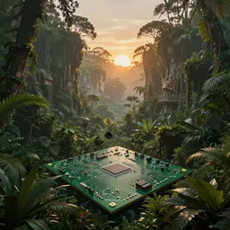 digital artwork of a lush prehistoric jungle chasm dissolving into a printed circuit board, stunning, washed out colors, serenity, professional, master level composition, volumetric lighting, haze, sunset, photorealistic
