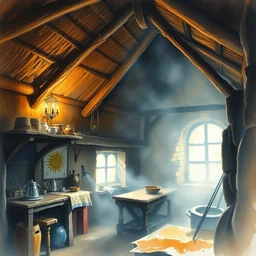 paint brush strokes, abstract watercolor painting of rustic village fortress kitchen, interior closeup, medieval straw roof, scandinavian viking age, fog, ambient lighting, art by hans dahl, by jesper ejsing, art by anders zorn, wonderful masterpiece by greg rutkowski, cinematic light, american romanticism by greg manchess, creation by tyler edlin
