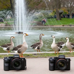 a group of geese by a park fountain, 50mm Sigma lens, shot on a Sony A7siii