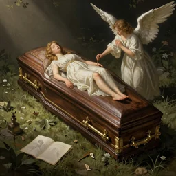a coffin and a drawing angel in the style of sempe