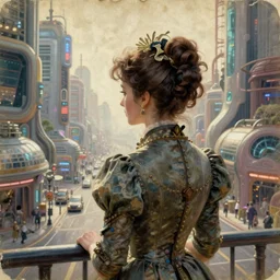 portrait of a victorian lady in a futuristic city, from behind, streets, solarpunk, highly detailed, digital painting on parchment