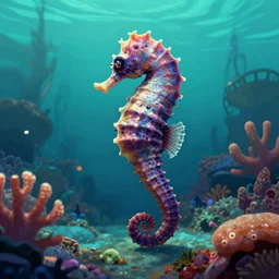 seahorse leviathan living in a coral reef. style of subnautica. video game concept art.