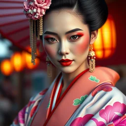 close up portrait shot of a beautiful geisha wearing flowing colourful clothes, alphonse mucha, rhads, ross tran, artstation, artgerm, octane render, 1 6 k