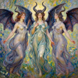 illustration studio portrait of three beautiful fibonacci spiral horned dark bat winged seraphim female energies in artistic poses in nature, monet painterly motives and textures pattern, hyper detailed, octane render, vivid colors, artstation, by jeremy mann, by alphonse mucha, by monet