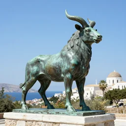 a photo of a bronze statue of a minotaur bright day on the greek island of