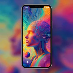 A desktop wallpaper that visualizes AI, blend elements, stylistic, visualize, Machine Learning, vivid colors, geometric but organic, iPhone wallpaper, surrealism
