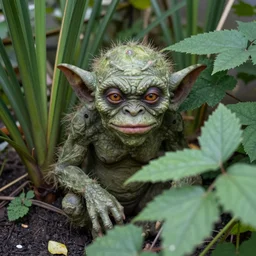 photograph of a real goblin hiding in someones garden