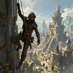 an epic fantasy comic book style landscape painting of a hooded thief in leathers using a rope to climb a tall building with a fantasy city with people looking up at them, unreal 5, daz, hyperrealistic, octane render, dynamic lighting, 8 k, ultra wide angle