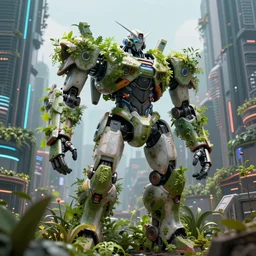 mecha robot in colorful underwear overgrown by plants in front of a cyberpunk city with impressive skycrapers, unreal engine, photorealistic, 4 k detailed post - processing, cinematic light, intricate detail, 8 k highly detailed, moody lighting, octane render