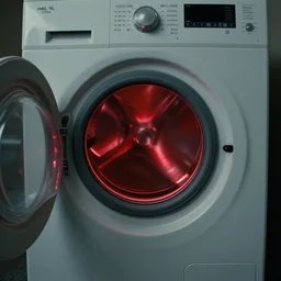 film still of HAL from 2001 A Space Odyssey as a washing machine with a bright red light inside it