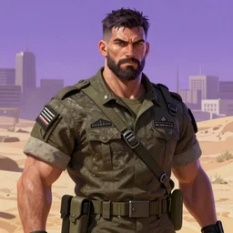 purple lighting, detailed character portrait concept art, white male strong muscular mature soldier with beard and short hair in a soldier uniform, desert with city in the background, sharp focus, illustration, highly detailed, digital painting, concept art, matte, art by wlop and artgerm and greg rutkowski, masterpiece