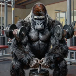 a gorilla curling weights, training biceps at the gym, perfect high resolution, painting oil in canvas, highly detailed, trending on art station, cgsociety