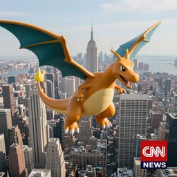 charizard flying above new york, cnn news footage taken from above.