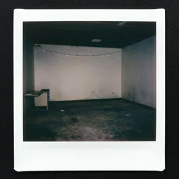 a polaroid photo a of an abandoned and rather lonely office workspace, completely empty, desolate and devoid atmosphere, faint string lights hung on the wall can be seen, shot with portra 400