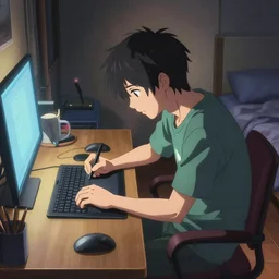 a detailed painting of an anime bedroom ; a young anime man sitting at his bedroom desk, tired and staring at the computer while drawing on a wacom tablet ; in a hd screenshot from the anime film, directed by makoto shinkai ; dramatic lighting and composition, trending on artstation