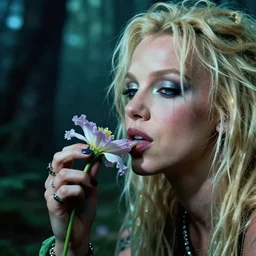 super macro of britney spears drinking from a flower in the forest. fantasy horror cyberpunk style. highly detailed 8 k. intricate. nikon d 8 5 0 3 0 0 mm. award winning photography.