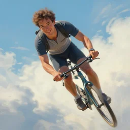 A striking closeup, painting of a happy man flying in the sky on his bicycle in the clouds, award-winning digital art by Ross Tran