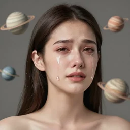 medium face shot of a woman tears flowing down planets orbit around her trending on artstation 3 2 k quality cgsociety contest winner award winning art zbrush! 3 d render! sharp intricate detailed refined details concept art