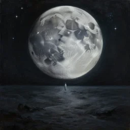 To every living being, and every living soul. Now cometh the age of the stars. A thousand year voyage under the wisdom of the Moon. Here begins the chill night that encompasses all, reaching the great beyond. Into fear, doubt, and loneliness... As the path stretches into darkness. Oil painting, clear, detailed oil, trending on artstation, fantasy, monochromatic colour palette, dark colours, in the style of Alena Aenami, 4k, digital, dark aesthetic