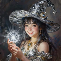 a portrait of girl magician, witch hat, silver magic, smiling, gold necklace, fantasy, dungeons and dragons, an ultrafine detailed painting, chibi, detailed painting, boris valejo. octopath traveler decal!!!