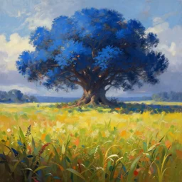 fields, giant tree with blue leaves in the distance, fantasy, digital art, colorful, divine, painting, dramatic