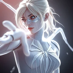 gwen stacy female spiderman, pure white, au naturel, hyper detailed, digital art, radiant highlight, trending in artstation, cinematic lighting, studio quality, smooth render, unreal engine 5 rendered, octane rendered, art style by klimt and nixeu and ian sprigger and wlop and krenz cushart.