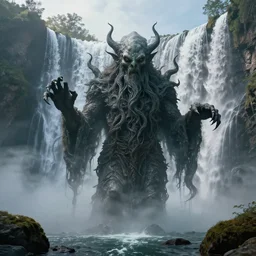 a sinister portrait of cthulhu emerging from waterfalls, beautiful landscape, by wadim kashin, highly detailed, mid day, realistic lighting, octane lighting, concept art, octane render, c 4 d, artstation, hd, clear, sharp, ominous, misty, 8 k