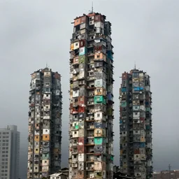 tall towers, made up of makeshift squatter housing with faded colours, apocalyptic sky, misty, dystopia, mamiya rb 6 7, fully frontal view, ultra sharp, very detailed, photographed by terry gilliam
