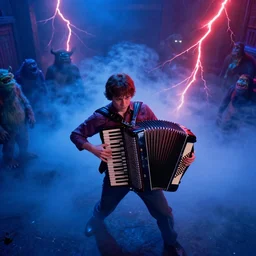 dwight schrute playing the accordion aggressively, dramatic scene, heavy blue fog, red lightning strikes, ultra wide angle, movie still, photorealistic, stranger things, netflix, upside - down, colorful lighting, grainy, aerial shot, shot from above, movie still, monsters in background holding back