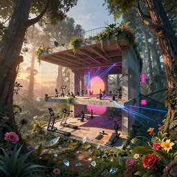 a beautiful very detailed rendering of unfinished building home gym by bernard tschumi, bioshock evil gem azeroth forest fisheye san andreas retrowave sunset myst neon signs reclaimed by nature laser morning sun flowers matte painting crystal, archdaily, wallpaper, highly detailed, trending on artstation.