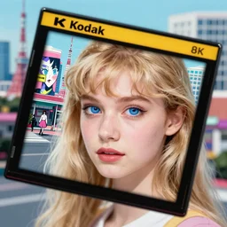 Kodak Portra 400,8K,highly detailed: beautiful three point perspective extreme closeup portrait photo in style of style 1950s frontiers in cosplay art nouveau tokyo seinen manga street photography fashion edition, tilt shift zaha hadid style anime tokyo background, highly detailed, focus on model;vaporwave ;blonde hair;blue eyes;akanbe pose, eye contact, soft lighting