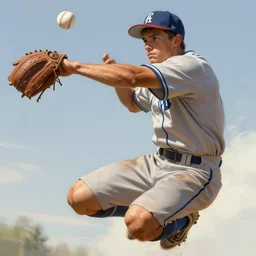 the young baseball player is flying a baseball, male, gorgeous, detailed face, amazing, thighs, the feeling of summer, muscular, intricate, highly detailed, digital painting, artstation, concept art, sharp focus, illustration, art by greg rutkowski and alphonse mucha