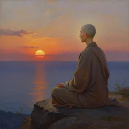 a stunning painting of a bald woman zen monk on a seaside mountain overlook at sunset by thomas kinkade and john atkinson grimshaw, matte painting, moody palette