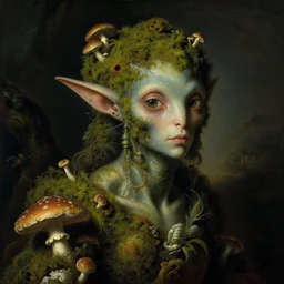 a close - up rococo portrait of an futuristic alien elf - like creature covered in moss, mushrooms, and swamp. night time. rich colors, high contast. gloomy, highly detailed 1 8 th century fantasy masterpiece painting by jean - honore fragonard, moebius, and johfra bosschart.
