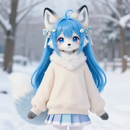 a cute anthropomorphic arctic fox girl anthro wearing indigo hair - ribbons and an oversized sweater and a pastel skirt, winter park background, manga, furry, intricate details, aesthetically complementary colors, scenic background, real life fursona photography. trending on artstation, top rated on pixiv and furaffinity