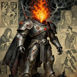 composition of gothic and futuristic, warhammer, cyber armor, more and more scars, storm, fire head, many highly detailed, artstation, in the style of moebius, jugendstil and classic japanese print, art by jean delville and rene magritte