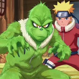 The Grinch activates his sharingan eye while fighting Naruto, battle scene, anime style, highly detailed, 8k, sharp, Masashi Kishimoto