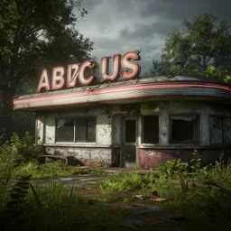 abandoned diner, photorealistic, vegetation, overgrowth, cinematic lighting, global illumination, unreal engine 5, screenshot from the last of us part 2