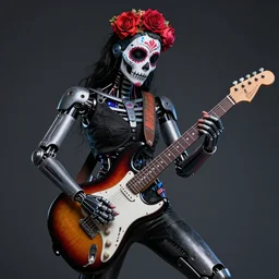 a portrait of an anthropomorphic cyberpunk dia de los muertos, shredding an electric guitar by sandra chevrier, by jon foster, detailed render, epic composition, cybernetics, 4 k realistic, fender stratocaster, cryengine, realistic shaded lighting, sharp focus, masterpiece, by enki bilal
