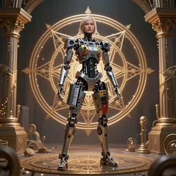 a photo of a robotic woman covered in modular synthesizer parts surrounded by sacred geometry made from elven architecture, full body, perfect face, powerful, cinematic, beautifully lit, by artgerm, by karol bak, 3 d, octane render, 8 k
