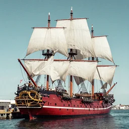 a award winning photo of a three mast brigantine pirate ship with a crimson hull and white sails docked at a port at midday, nikon lens, dslr, color graded