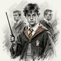 charcoal sketch of young charlie day, wearing hogwarts uniform, holding wand, casey baugh, jeff haines