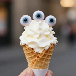 ice cream cone with eyeballs on top