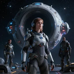 girl in the sci - fi heavy suite, deep space, black hole, landing gear, multyplanetary, avatar, cinematic keyframe, by fausto de martini, by wadim kashin, ultra realistic, cinematic light, ue 5, featured on artstation, octane render, sharp focus, ray tracing, cinematic 8 k.