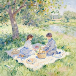 watercolour painting of a picnic on a summers day, painted by monet, landscape, hyperdetailed, ornate, pastel colours