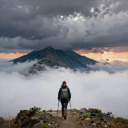painting by sargent and leyendecker and greg hildebrandt savrasov levitan above the low clouds on new zealand sokotra faroe island a woman hiking in the mountains overcast sunrise thunder storm