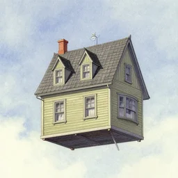 ultra detailed pencil and watercolors and digital illustration of house flying in sky by wes anderson, tim burton, tomm moore, jean pierre jeunet ; 4 k 8 k hd high resolution ;