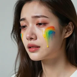 woman crying rainbow paint, ultra realistic, realistic photography